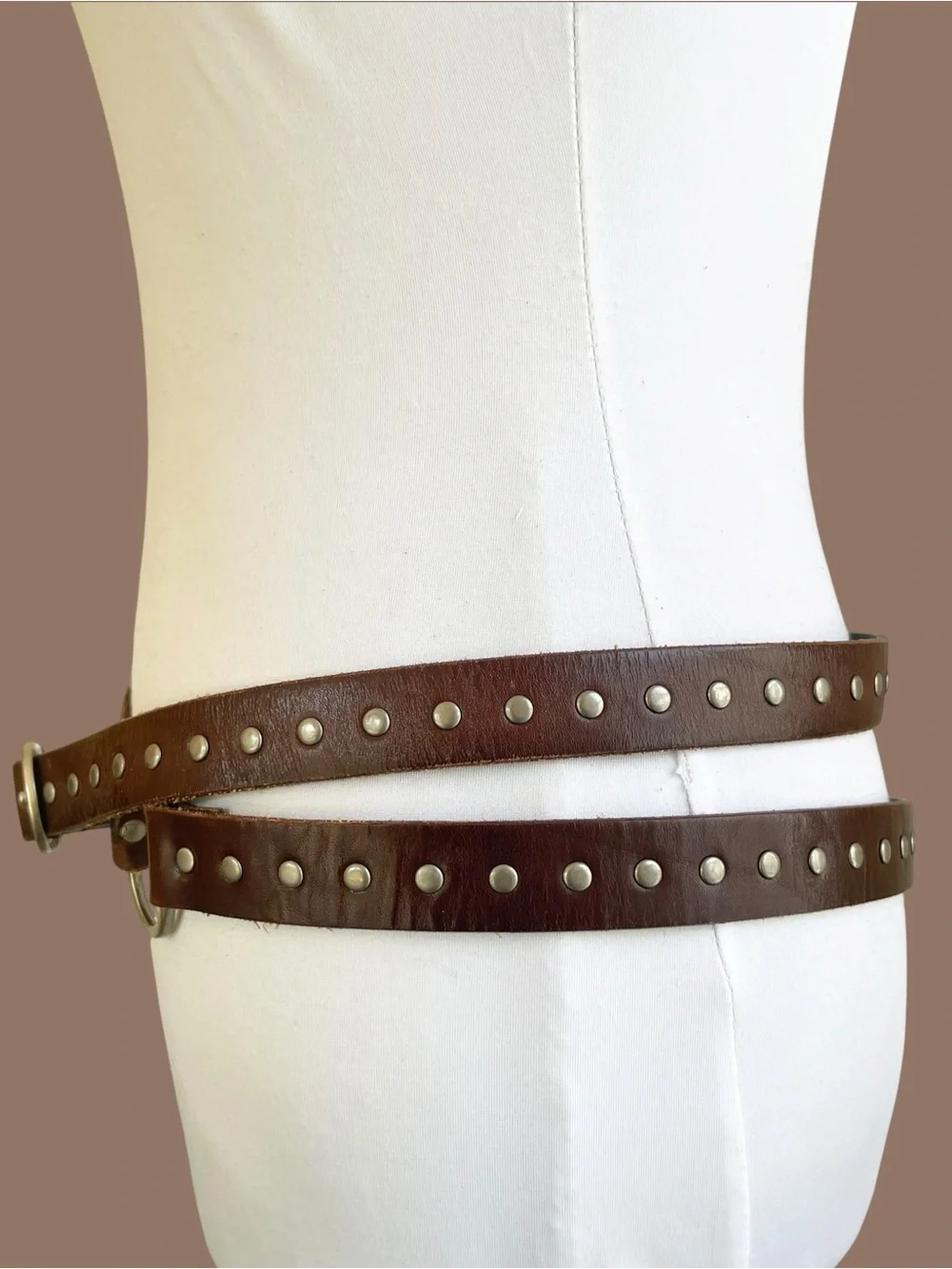 Silpada Designs Brown Studded Leather Belt Double Wrap O Ring Boho 90s Size L